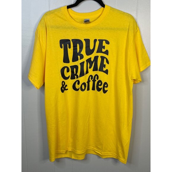 True Crime & Coffee Graphic Yellow T-Shirt Large  Heavy Cotton Unisex - Picture 1 of 3